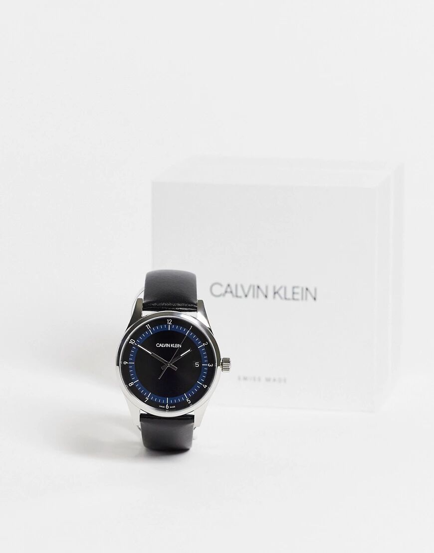 Calvin Klein black leather strap watch with black dial  Black