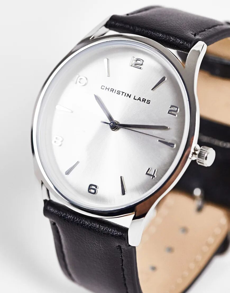 Christin Lars Christian Lars Mens leather strap watch in black and silver  Silver