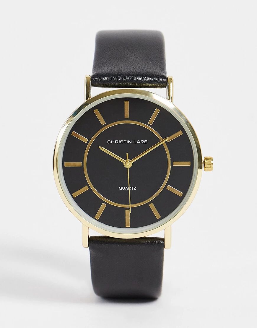 Christin Lars Christian Lars Mens minimal watch with large face in black-Gold  Gold