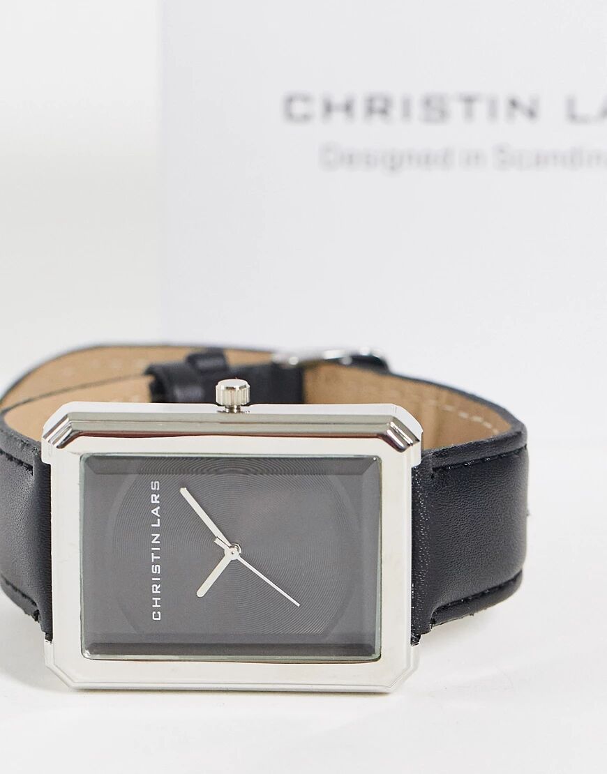 Christin lars womens black strap watch with rectangular dial-Silver  Silver