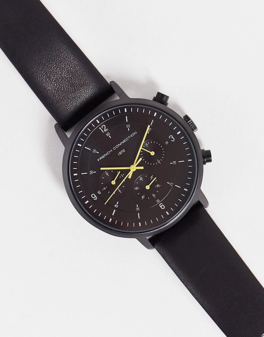 French Connection chronograph watch with leather strap in black  Black