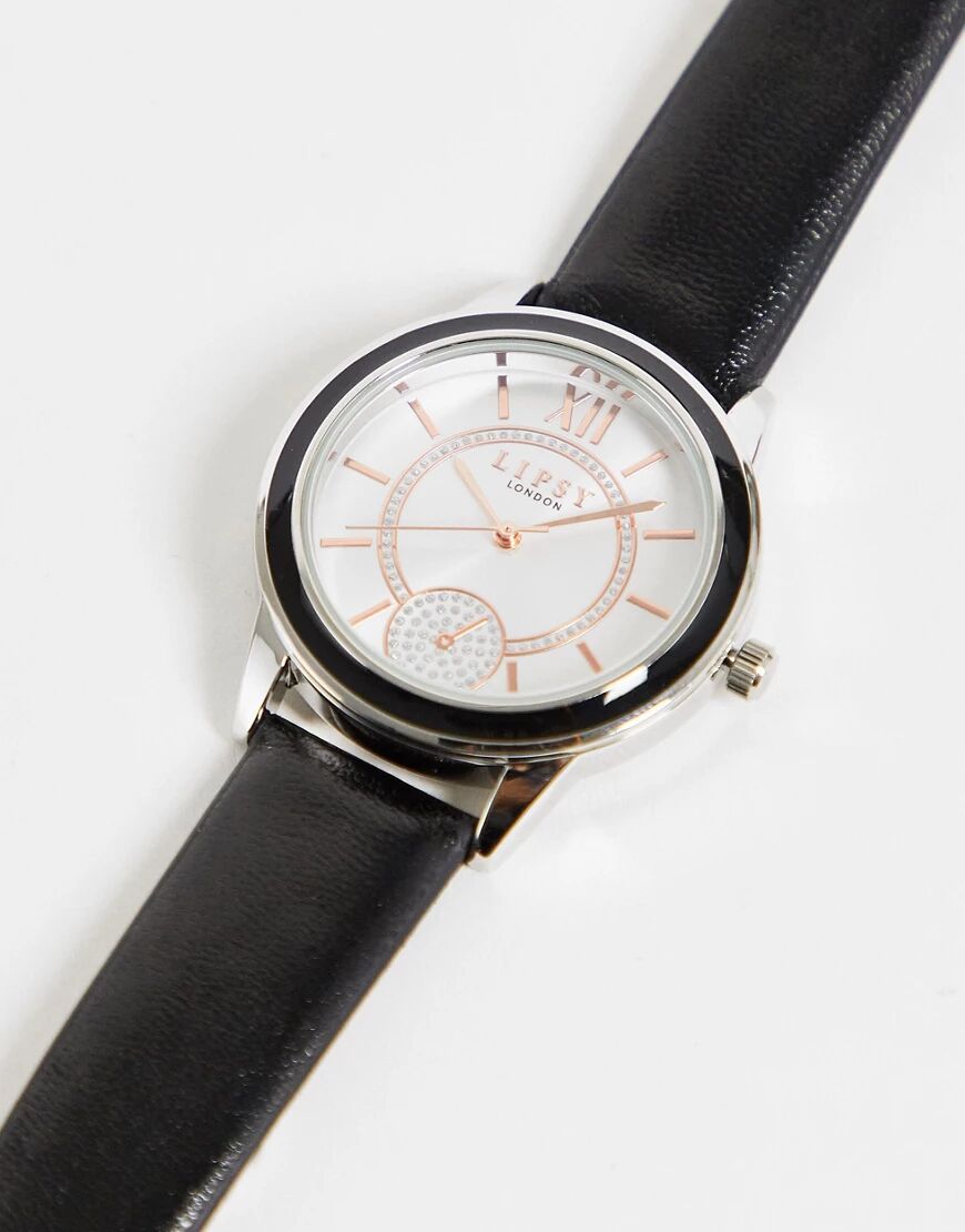Lipsy leather strap watch with diamante face detail in black  Black