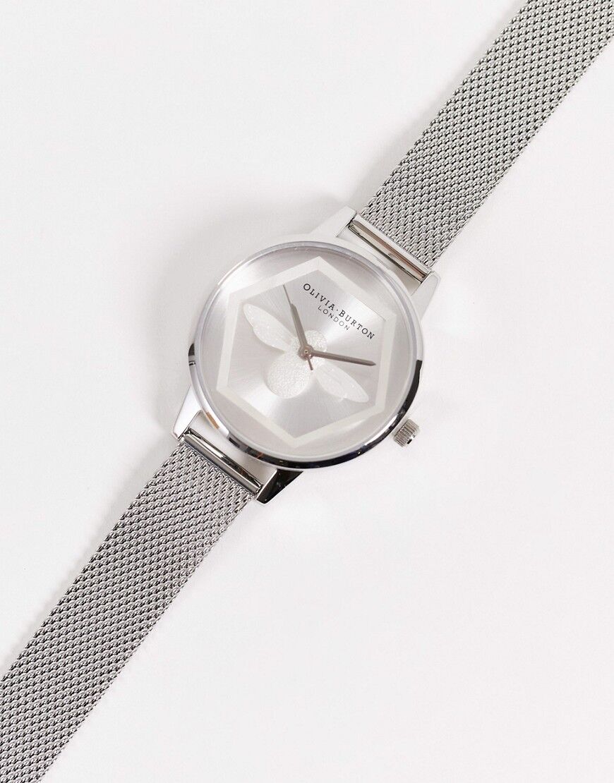 Olivia burton bee face watch in silver with mesh strap  Silver