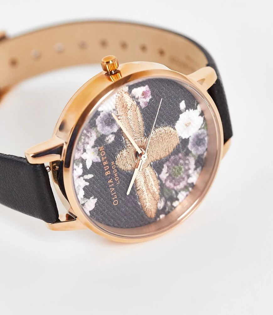 Olivia Burton embroidered bee detail face watch with strap in black-Multi  Multi