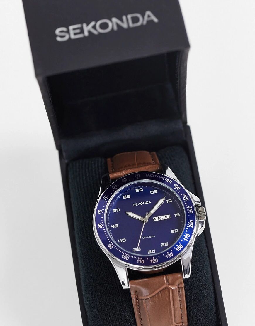 Sekonda mens leather watch with blue dial in brown  Brown