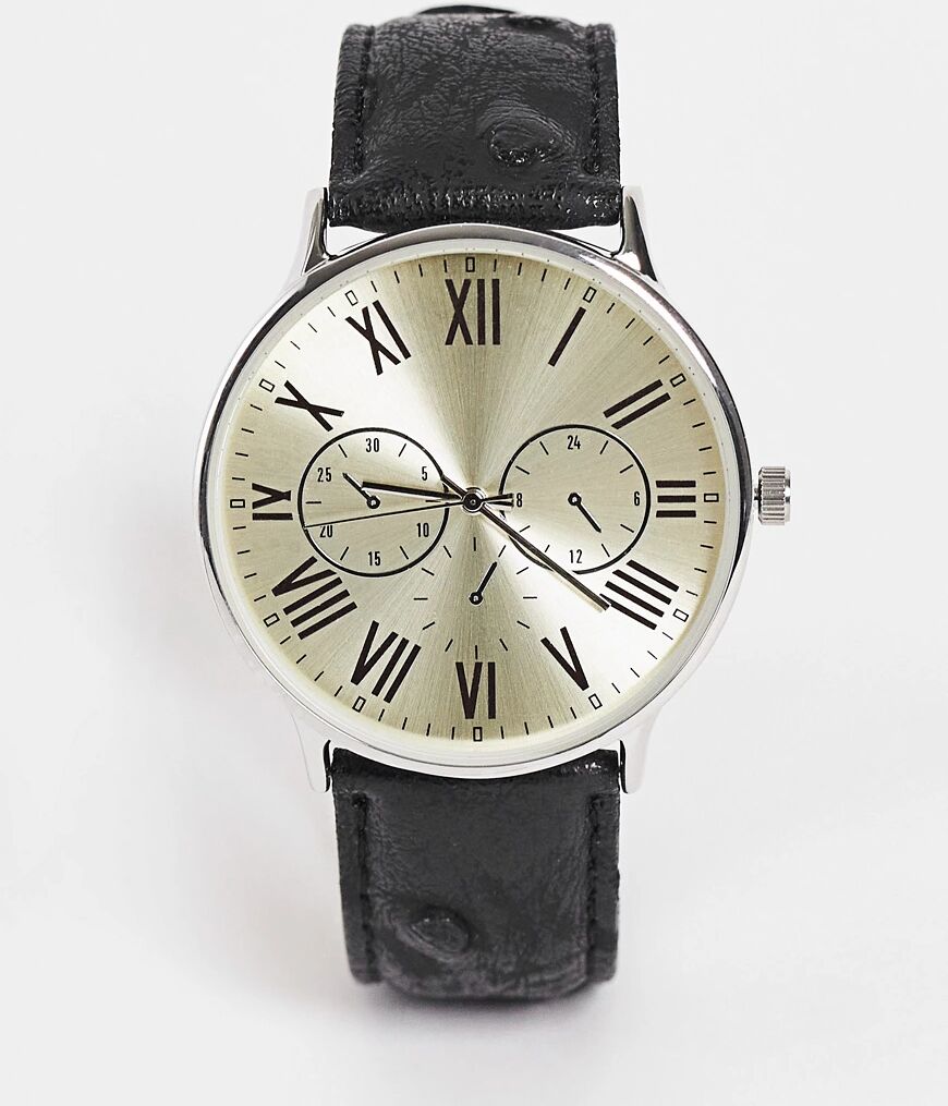 Topman faux leather strap watch in black with black dial  Black