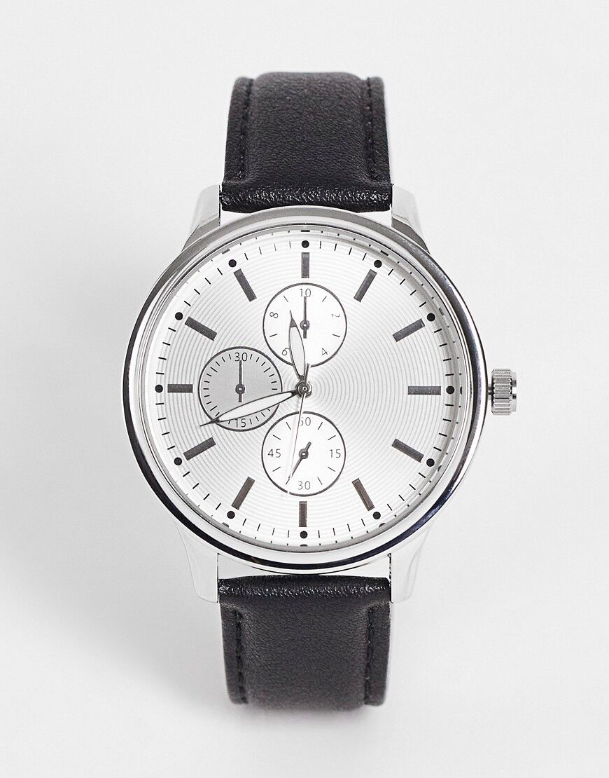 Topman faux leather strap watch in black with white dial  Black