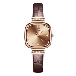 jyibinee Women Luxury Wristwatch Rhinestone Watch Ladies Quartz Square Dial Decor Faux Leather Adjustable Strap No Delay Time-Checking High Brown