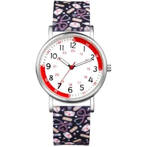 JewelryWe Nurse Quartz Wrist Watch: Ladies Big Face Easy Read Medical Pulse Rate Calculation White Dial Waterproof Black Soft Print Silicone Strap Doctor Analog Watches