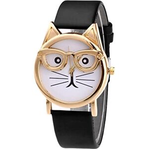 Singular-Point Business Watches-Women's Cute Cat Watch with Glasses Fashion Simple Belt Watch Women's Analog Quartz Watch Creative Watch Gifts for Girls