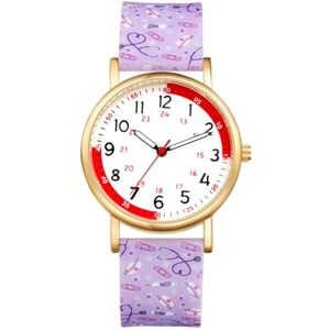 JewelryWe Nurse Quartz Wrist Watch: Ladies Big Face Easy Read Medical Pulse Rate Calculation White Dial Waterproof Purple Soft Print Silicone Strap Doctor Analog Watches