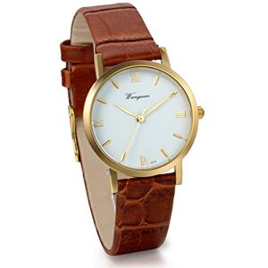 JewelryWe Women's Wrist Watches Classic Analog Quartz Watch Coffee Leather Strap White Dial