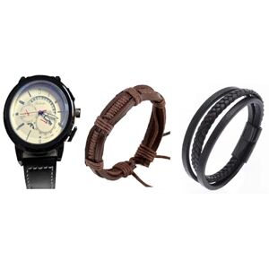 Mr. Gadget Solutions Ltd Mr. Gadget's Solutions 3-Piece Men's Smart Analog Quartz Calendar Wristwatch Set White Dial, Black Strap with 2 Leather Bracelets (Brown & Black) - Gift Box