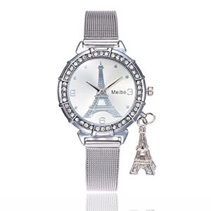 Reepetty Dress Watches Tower Stainless MEIBO Wrist Watch Women Steel Fashion Quartz Women's Watch Mens Sports Watches (Silver, One Size)