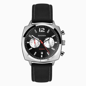 Sekonda Sekonda Airborne Men's Chronograph Watch   Silver Case & Black Leather Strap with Black Dial   30028