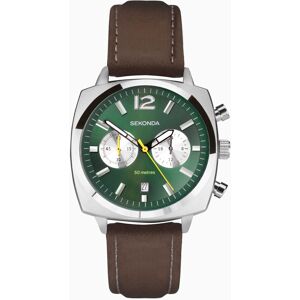 Sekonda Sekonda Airborne Men's Chronograph Watch   Silver Case & Brown Leather Strap with Green Dial   30029