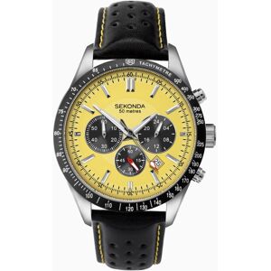 Sekonda Sekonda Velocity Chronograph Men's Watch   Silver Case & Leather Strap with Yellow Dial   1395