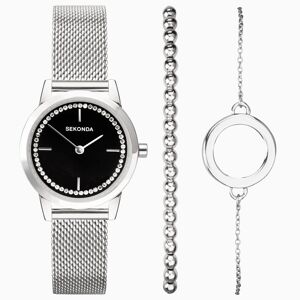 Sekonda Sekonda Ladies Gift Set Watch   Silver Case & Stainless Steel Mesh Bracelet with Black Dial   49004