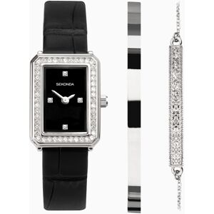 Sekonda Sekonda Ladies Gift Set Watch   Silver Case & Leather Strap with Black Dial   49005