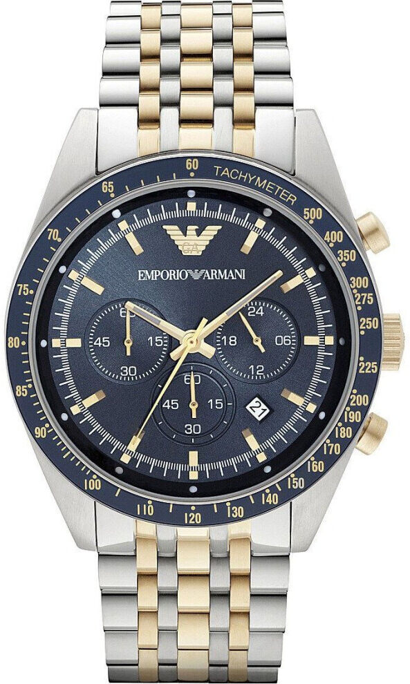 Emporio Armani Mens Chronograph Watch Two Tone Stainless Steel Bracelet Blue Dia