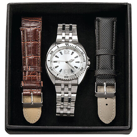 Miles Kimball Men's Interchangeable Watch Set - Black Brown Silver