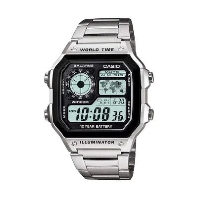 Casio World Time Stainless Steel Digital Chronograph Watch - AE1200WHD-1A - Men, Men's, Grey