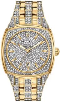 Bulova Mens Bulova Bulova Men's Gold-Tone Crystal Watch, Pave Dial - 98B323, Yellow