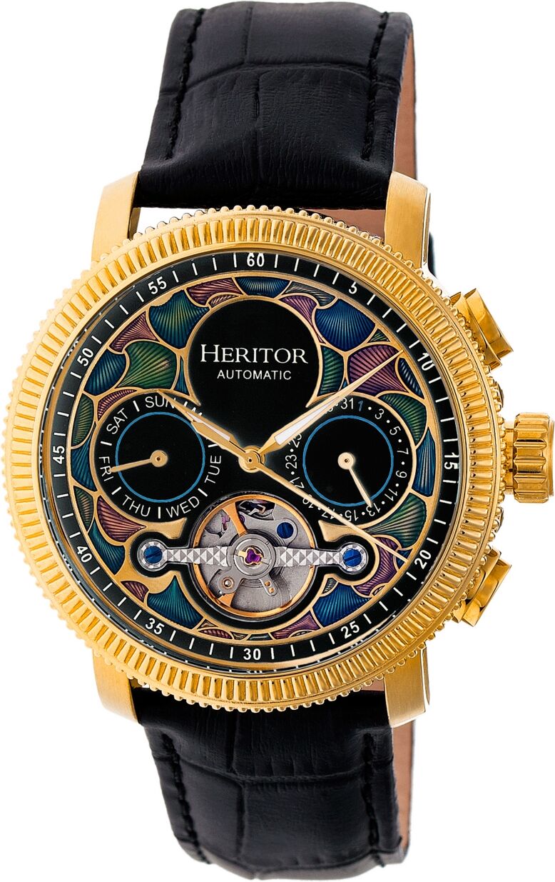 Heritor Automatic Aura Gold & Black Leather Watches 44mm - Black