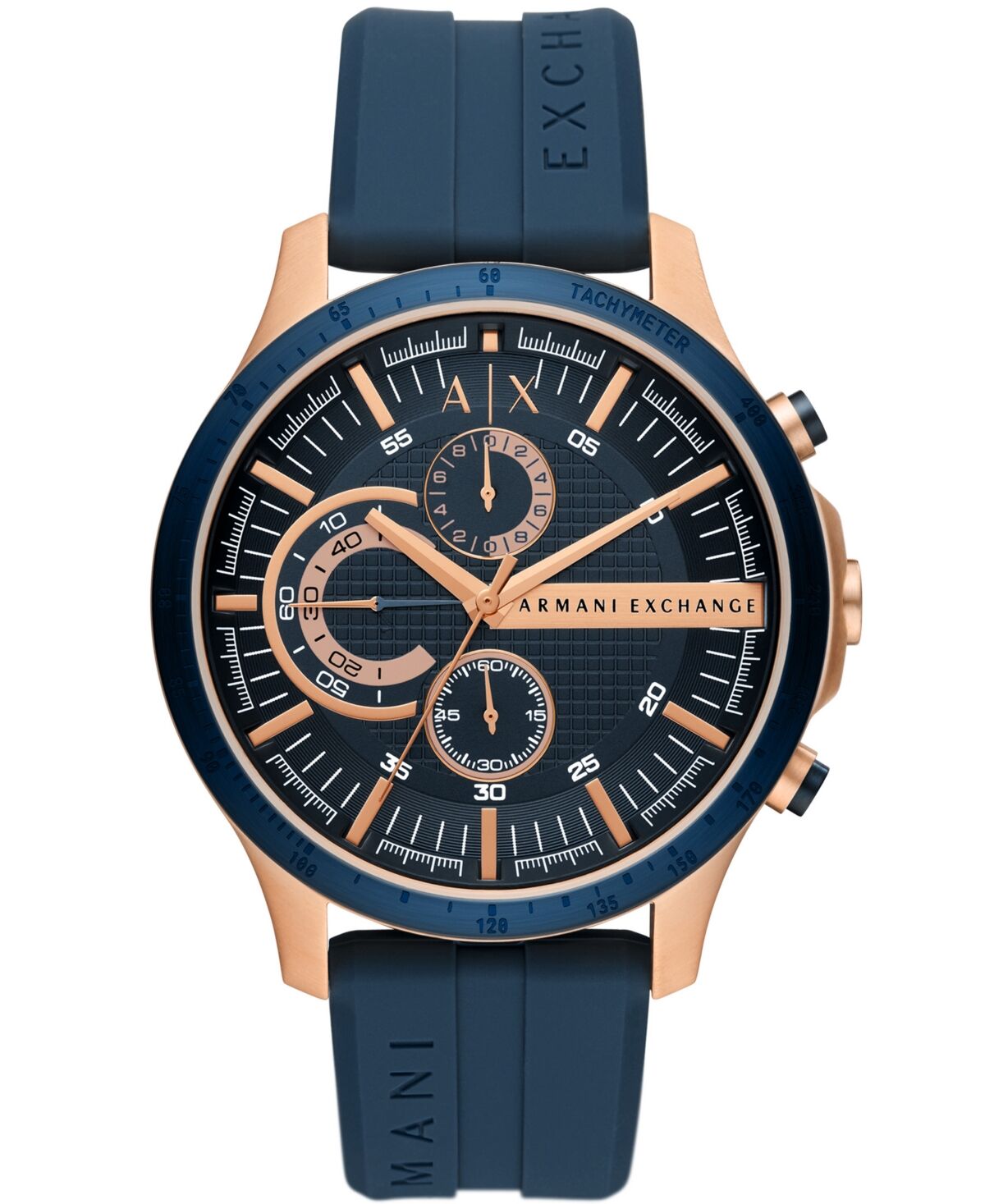 A|x Armani Exchange Men's Chronograph in Rose Gold-tone Plated Stainless Steel with Navy Silicone Strap Watch, 46mm - Navy