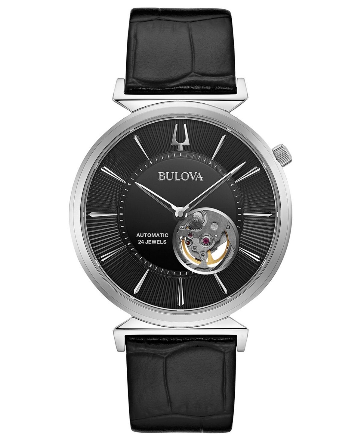 Bulova Men's Automatic Regatta Black Leather Strap Watch 40mm - Black