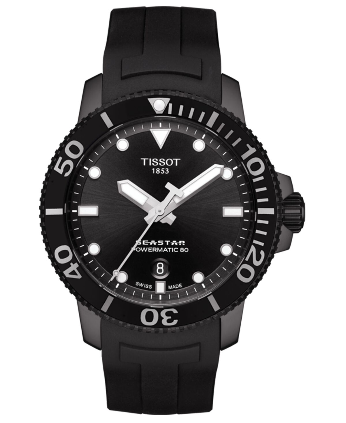 Tissot Men's Swiss Automatic SeaStar Black Rubber Strap Diver Watch 43mm - Black