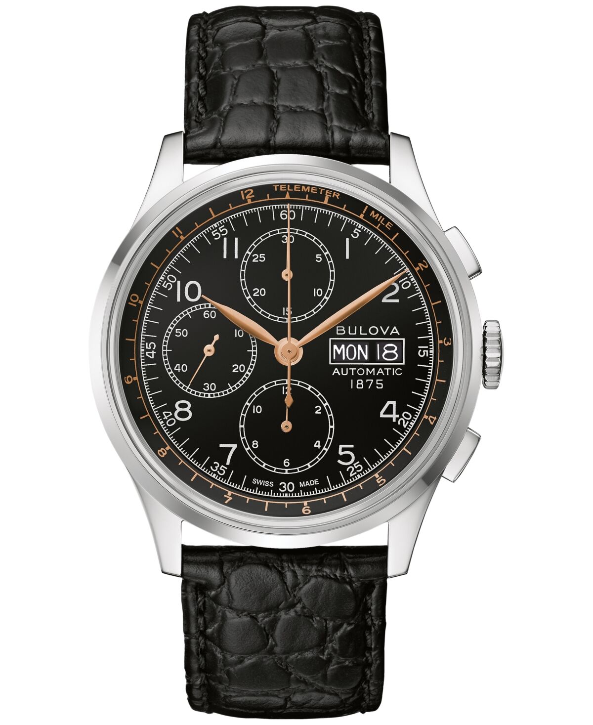Bulova Men's Swiss Automatic Chronograph Joseph Bulova Black Leather Strap Watch 42mm - Silver
