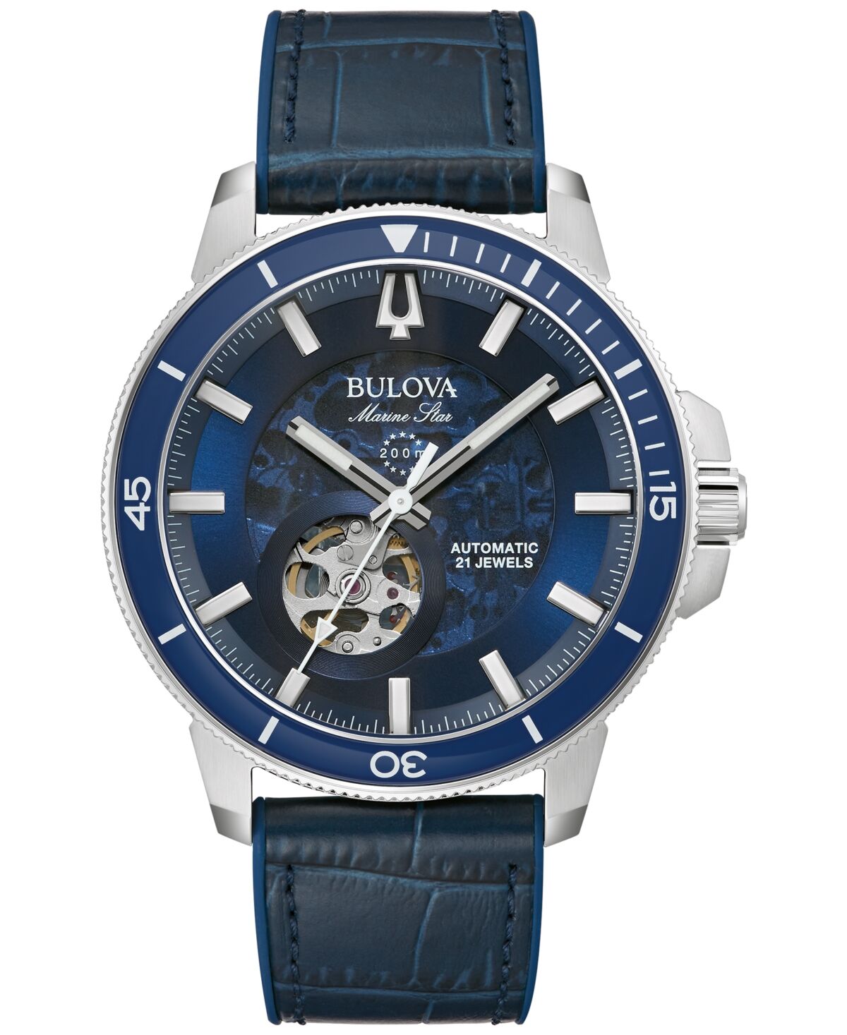 Bulova Men's Automatic Marine Star Series C Blue Leather Strap Watch 45mm - Blue