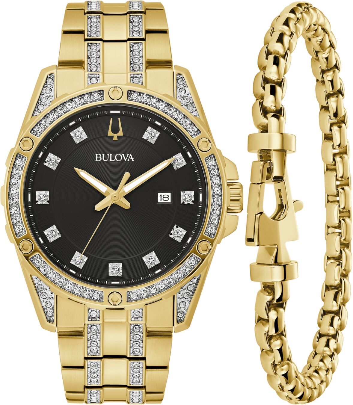 Bulova Men's Classic Crystal Gold-Tone Stainless Steel Bracelet Watch Box Set 43mm - Two Tone