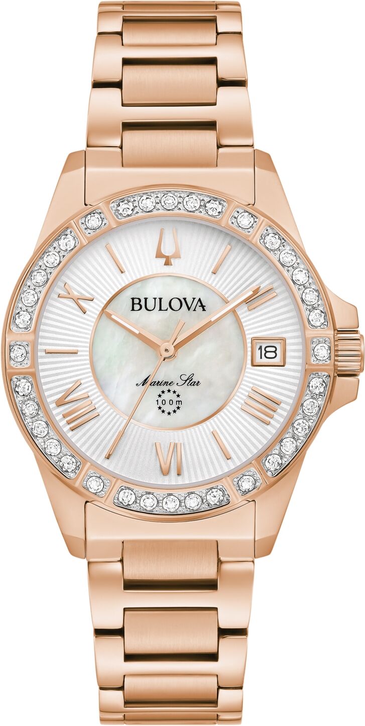 Bulova Women's Marine Star Diamond (1/10 ct. t.w.) Rose Gold-Tone Stainless Steel Bracelet Watch 32mm - Rose Gold-tone