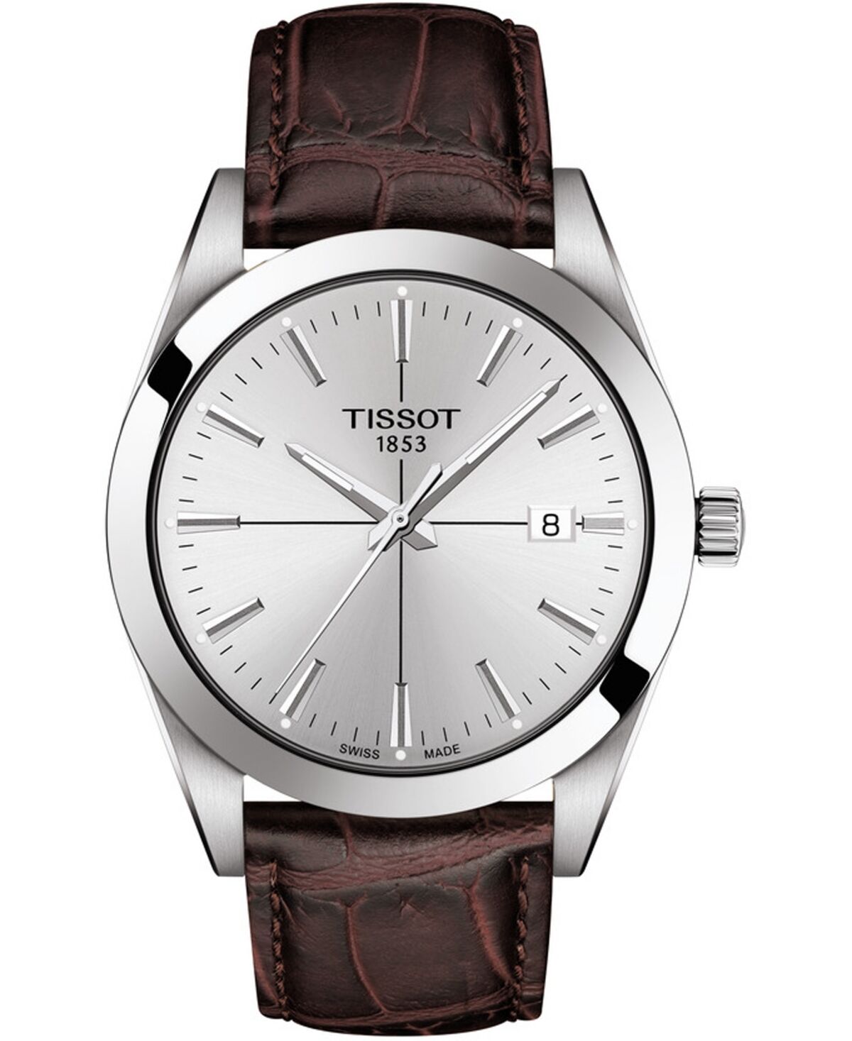 Tissot Men's Swiss Gentleman Brown Leather Strap Watch 40mm - Silver