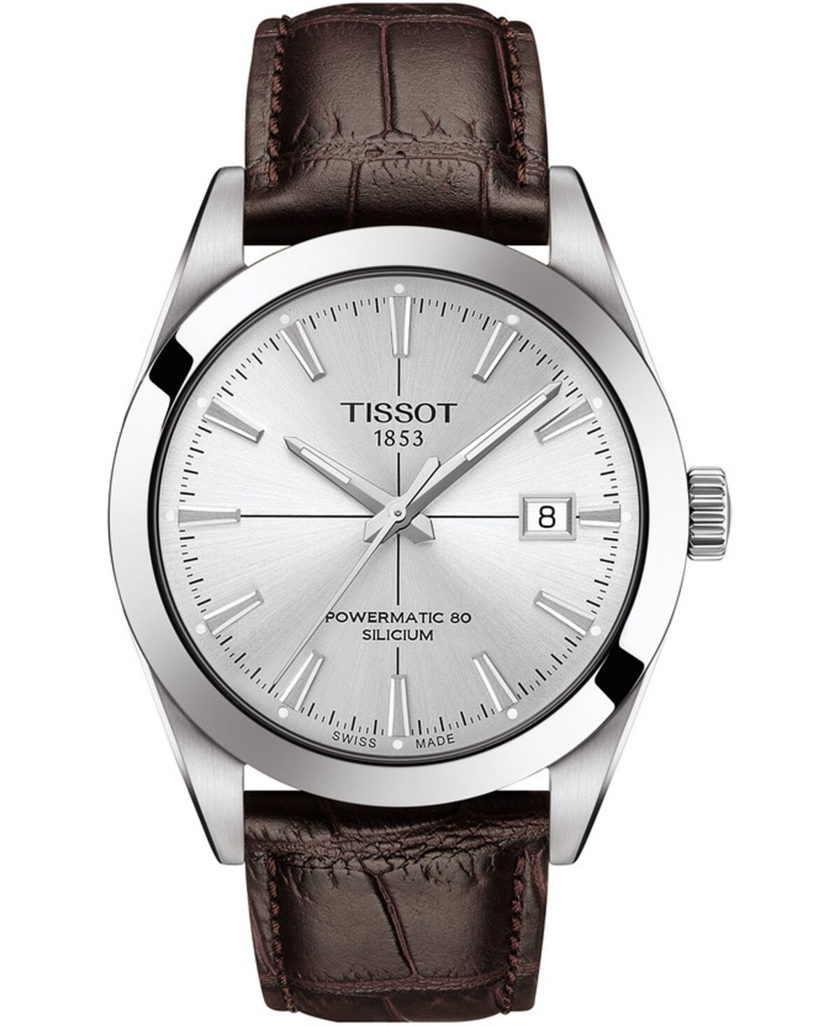 Tissot Men's Swiss Automatic Powermatic 80 Silicium Brown Leather Strap Watch 40mm - Silver