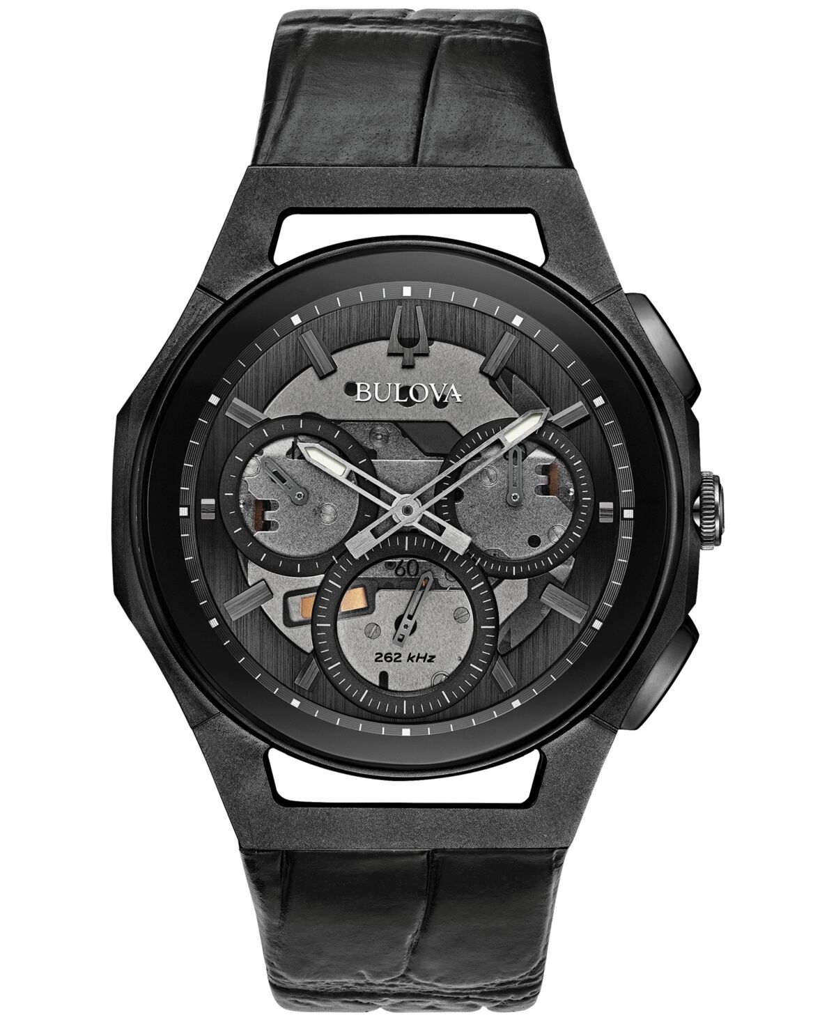 Bulova Men's Chronograph Curv Black Leather Strap Watch 44mm - Black