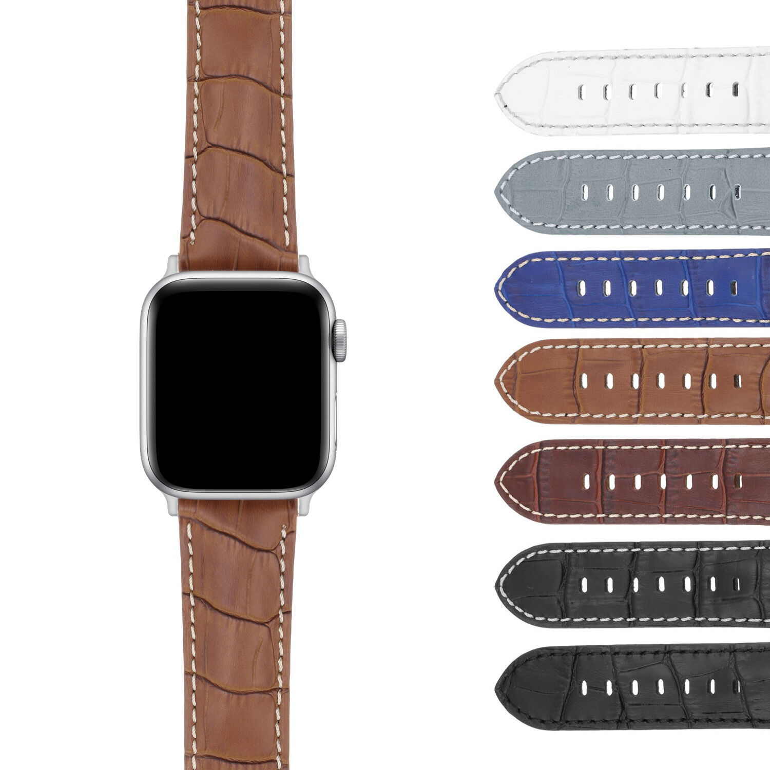 Strapsco DASSARI Croc Leather Strap w/ Silver Deployant Clasp for Apple Watch