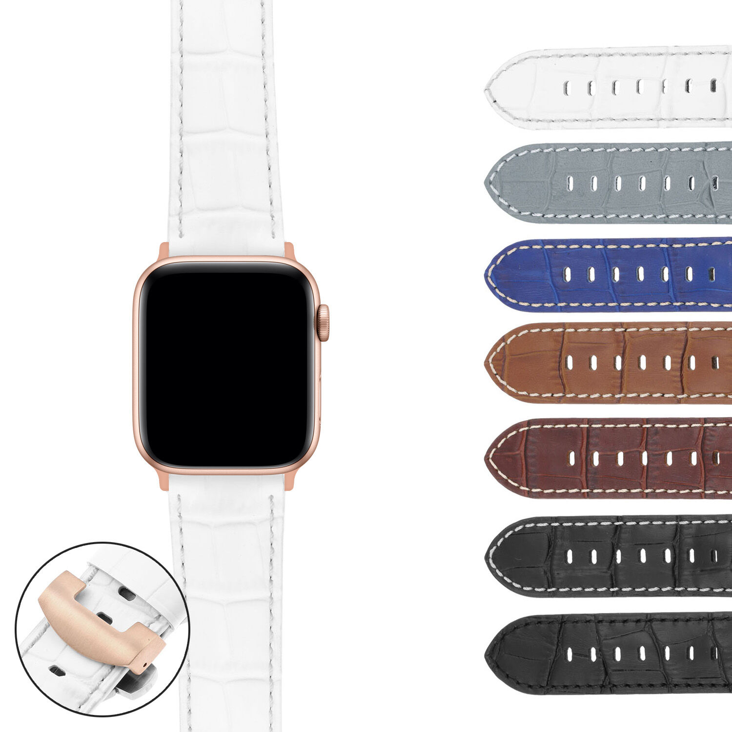 Strapsco DASSARI Croc Leather Strap w/ Rose Gold Deployant Clasp for Apple Watch
