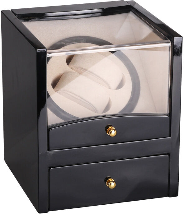 Strapsco Piano Black Watch Winder with Drawer for 2 Watches