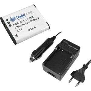 TRADE-SHOP 2in1 Set: Kamera Li-Ion Akku 1000mAh + Ladegerät mit Kfz Adapter kompatibel mit Olympus LS-100 DS-2600 DS-9500, Pentax Optio WG-2, WG-2 gps