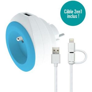 Chargeur universel mural USB pour smartphone et tablette Whatt&Co - avec câble 3 en 1 rétractable - bleu