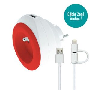 Chargeur universel mural USB pour smartphone et tablette Watt&Co - avec câble 3 en 1 rétractable - rouge