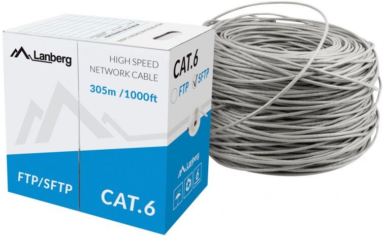 Lanberg bobina cable de red rj45 cat.6 sftp rígido cu 305m gris