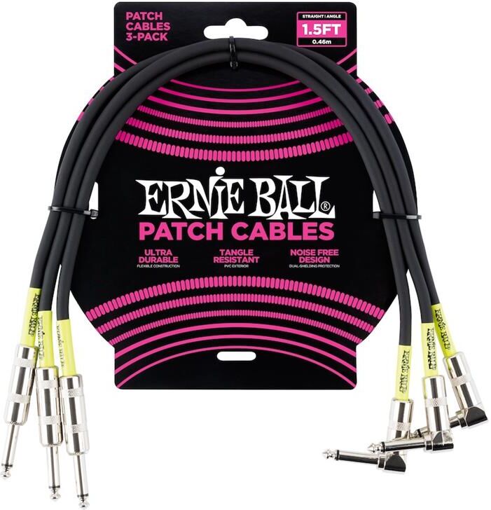 Ernie Ball Eb-6076 Patch-Kabel 45cm Vinkel/rett Sort 3pack