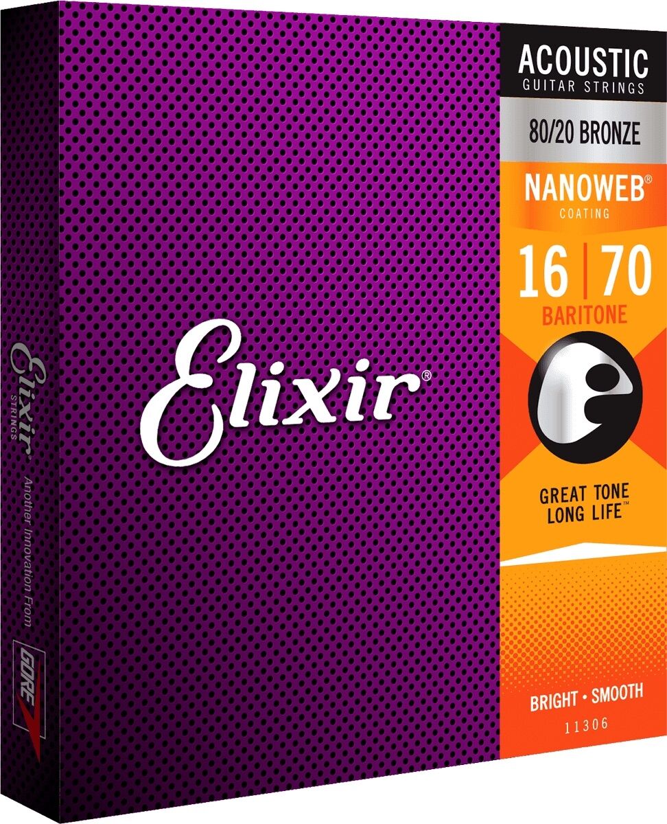 ELIXIR 11306 80/20 Bronze NANOWEB 6-String Baritone 16-70. Strengesett til bariton akustisk gitar.