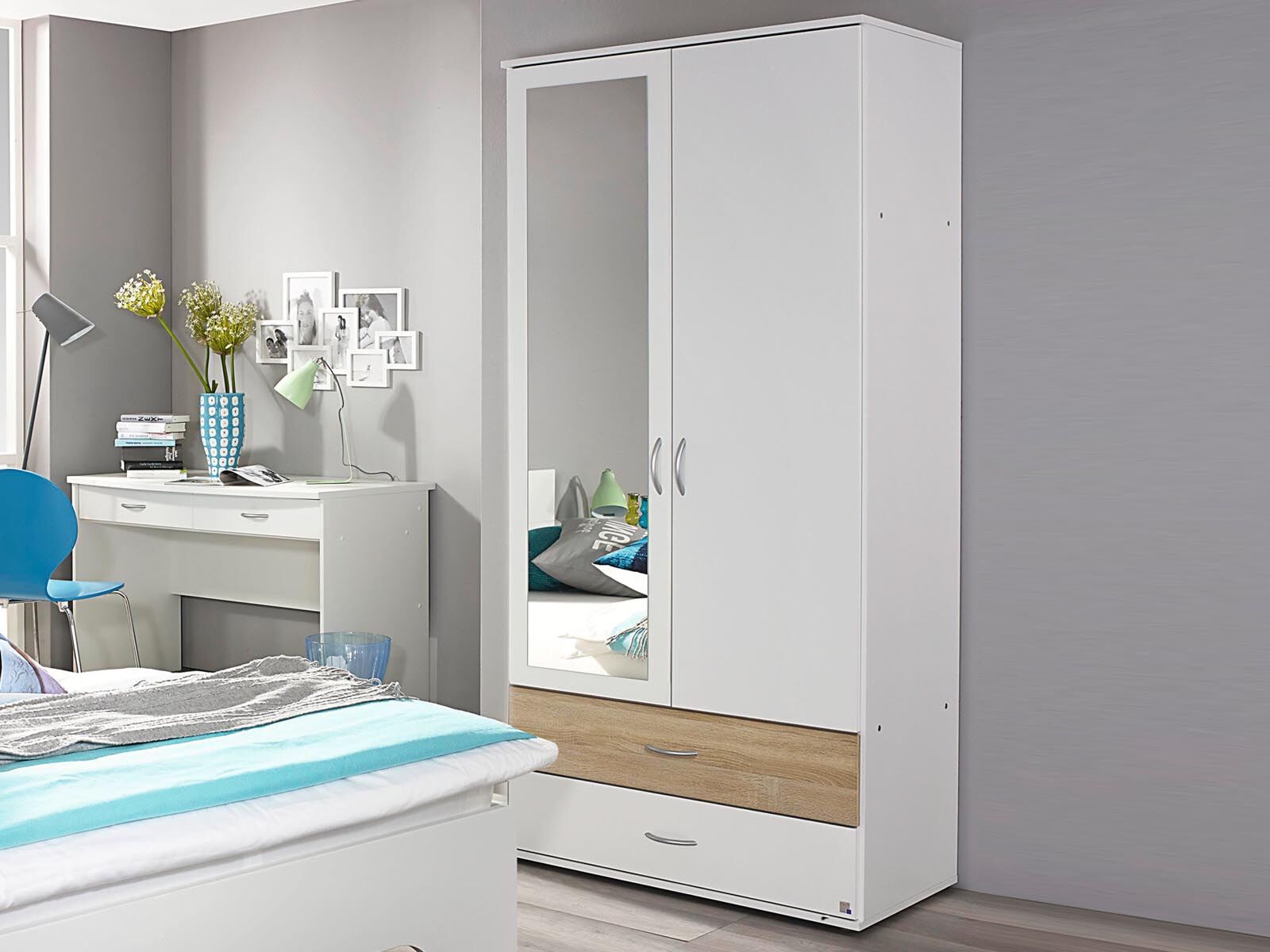 Mobistoxx Armoire NOOBA 2 portes 2 tiroirs avec miroir blanc/sonoma