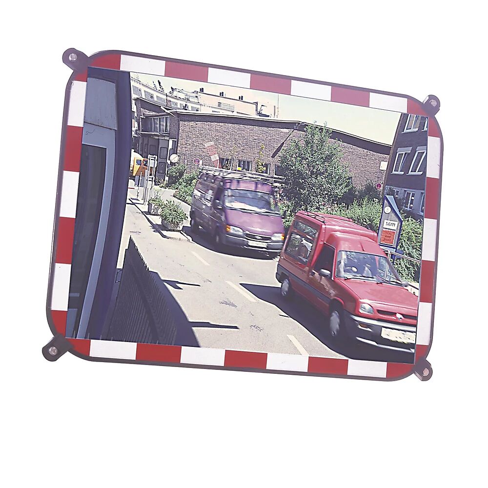Verkehrsspiegel aus Sekurit-Glas rahmenlos, mit rot/weiß reflektierenden Blickfangrand Spiegelmaße BxH 600 x 400 mm