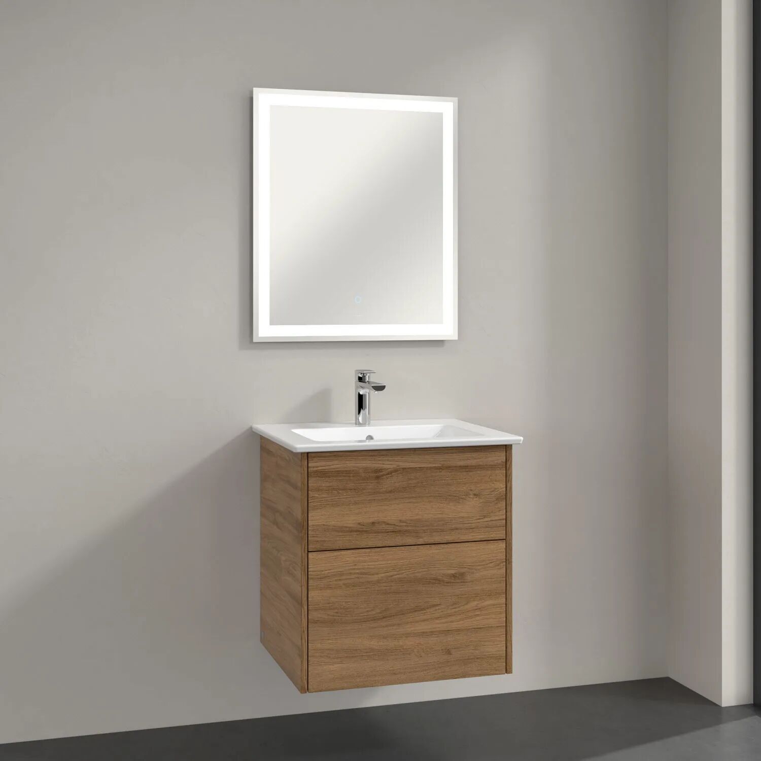 Villeroy & Boch Finero Waschtischunterschrank mit Waschtisch und Spiegel, 2 Auszüge, 60 cm  B: 60 T: 50,5 H: 16,5 cm kansas oak (direktbeschichtung)